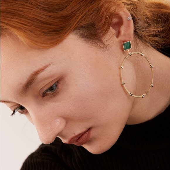 14K Gold Plated Brass Green Malachite Earrings - Picture 8 of 12